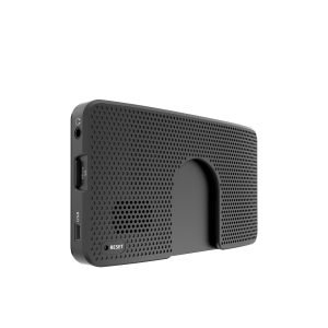 Back panel view of the Rand McNally TND 550 GPS device, featuring a perforated design for ventilation, a reset button, and visible USB and Micro SD slots for connectivity.