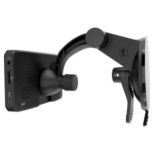 Rand McNally TND 550 GPS device securely mounted on a suction cup arm, showcasing side ports including USB and Micro SD slots for added connectivity options.
