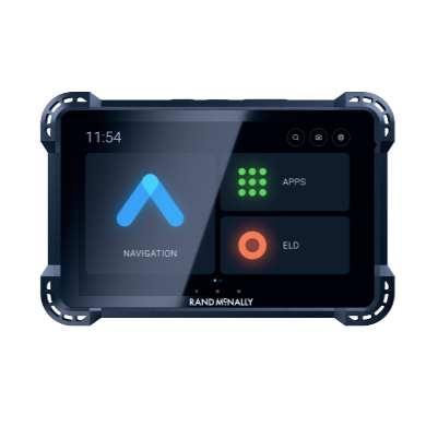 A Rand McNally GPS device showcasing its dashboard interface, featuring navigation, apps, and ELD (Electronic Logging Device) options on a sleek touchscreen housed in a rugged black frame.