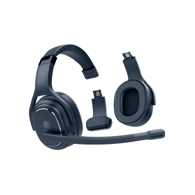 A pair of sleek, dark-colored modular wireless headphones featuring a detachable microphone and interchangeable ear components, designed for versatile use and optimal comfort.