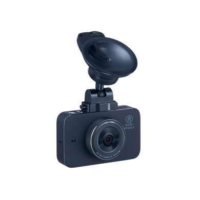 A compact Rand McNally dash cam equipped with a wide-angle lens and a sturdy suction mount for secure installation, ideal for capturing clear road footage.