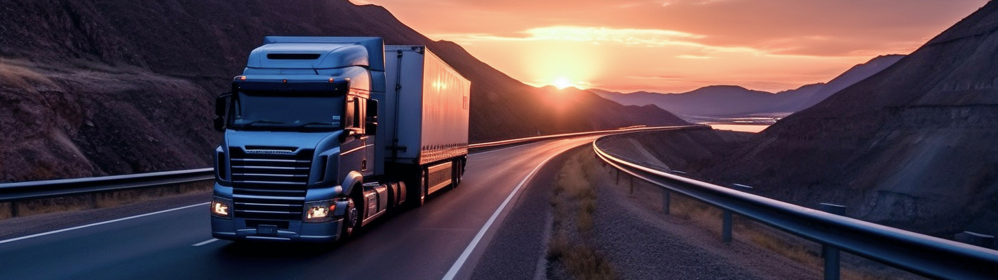 rand mc nally delivery truck driving along the mountain road during sunset