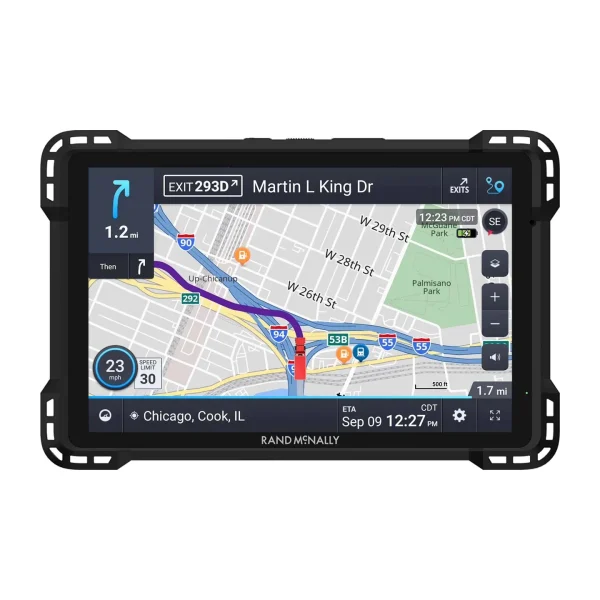 Rand McNally TND 1050 Truck GPS Tablet showing Chicago map and navigation route