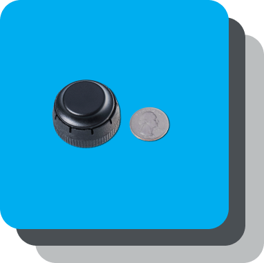 Compact Rand McNally ELD device next to a coin for size comparison on blue background.