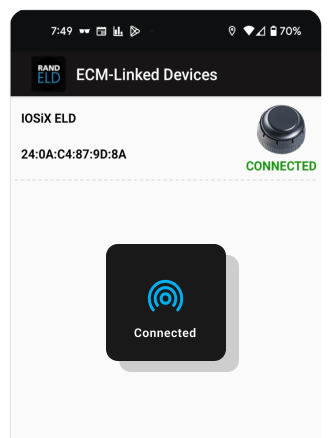 Rand McNally ELD app showing connected ECM-linked device with Bluetooth connectivity status for fleet management.