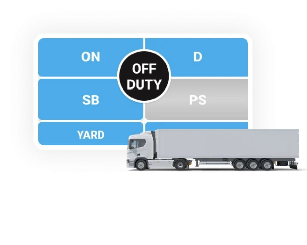 Rand McNally ELD off-duty status dashboard with truck displaying duty options like on duty, off duty, yard, and personal use.