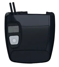 top view of a compact dash camera featuring dual antennas, an integrated display, and control buttons