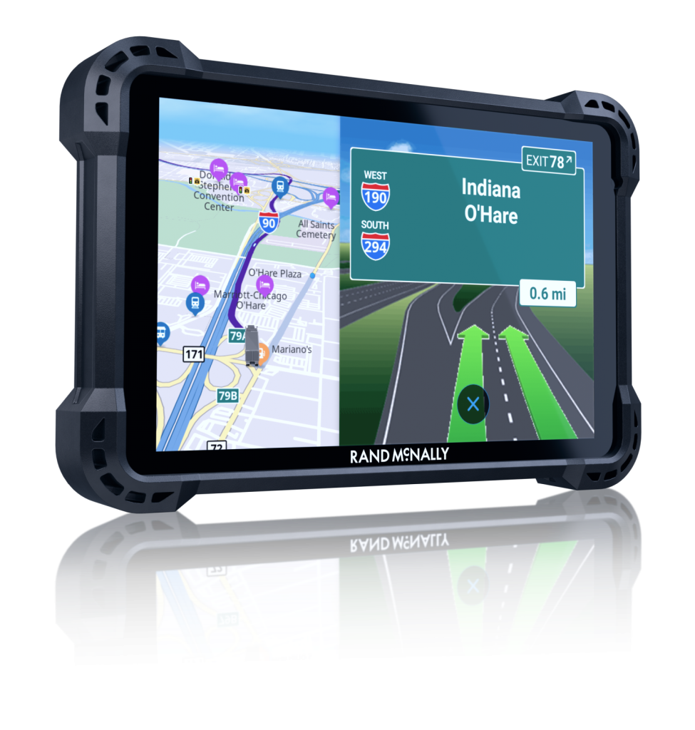 Rand McNally GPS navigation device displaying a route to Indiana O'Hare with detailed lane guidance and a map overview of nearby landmarks.