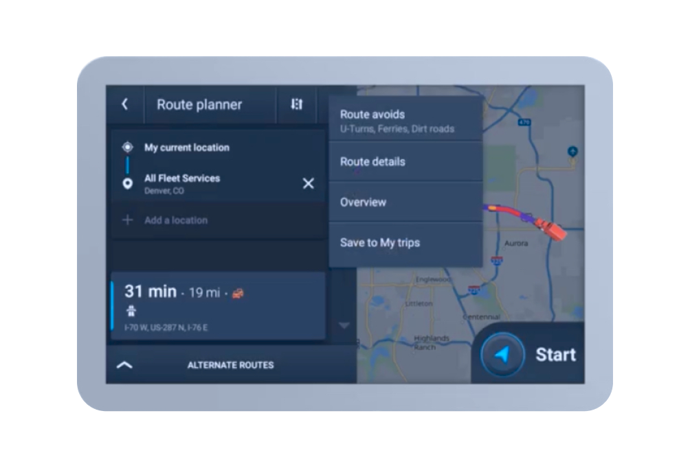 GPS device screen showing the route planner interface with options to avoid U-turns, ferries, and dirt roads, along with a detailed route to All Fleet Services in Denver, CO, indicating a 31-minute drive.
