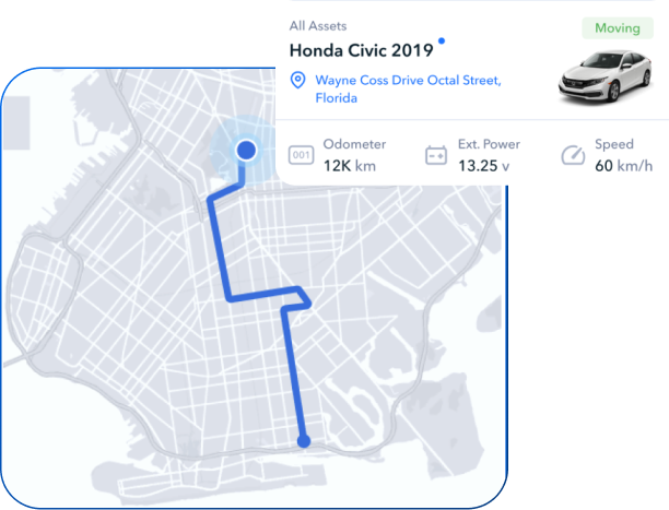 Honda Civic 2019 live vehicle tracking map showing route, odometer reading, speed, and external power details