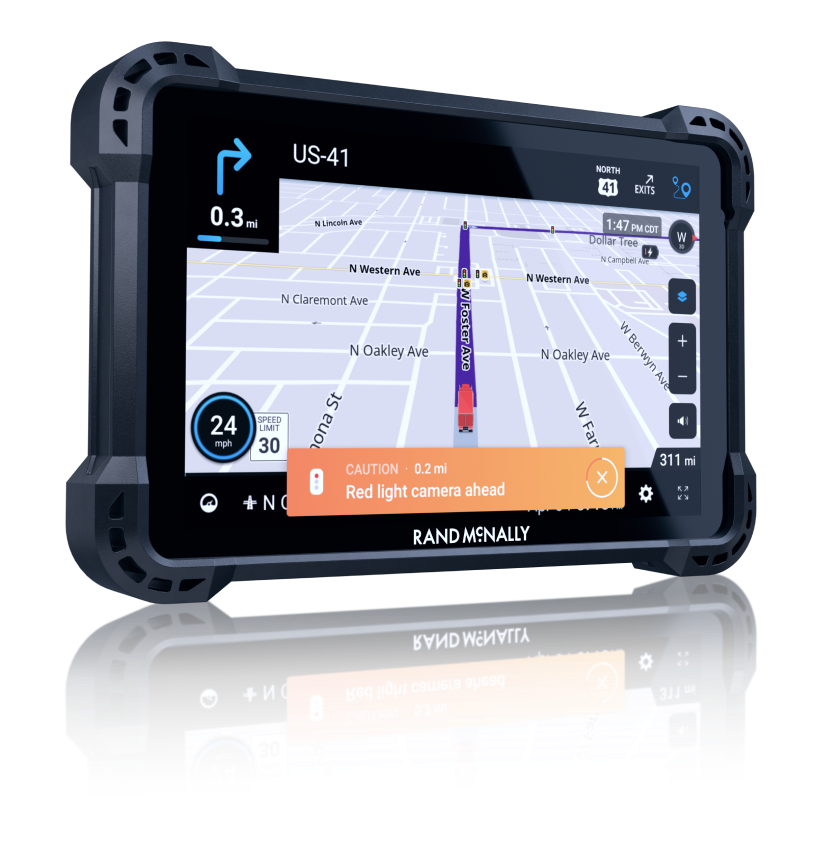 Rand McNally GPS device showing a map route on US-41 with a red-light camera warning notification, speed limit indicator, and 3D navigation display.