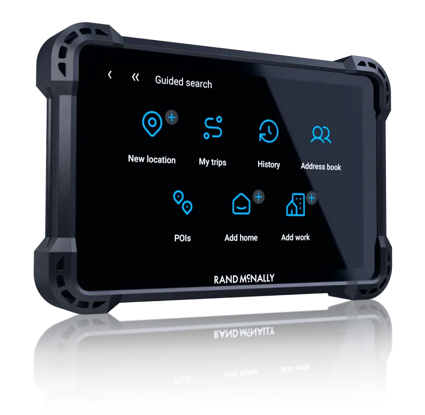 Rand McNally GPS device showcasing the guided search feature with options like new location, my trips, history, and address book
