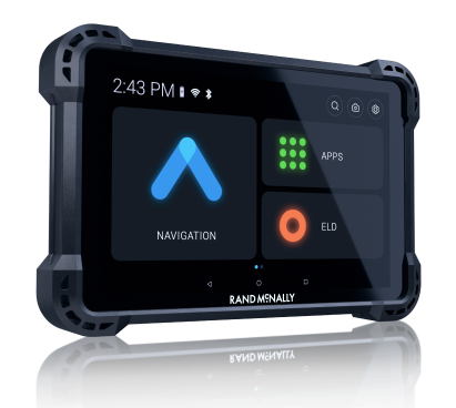 Rand McNally GPS device showing navigation, ELD, and apps interface with a sleek black design and illuminated display