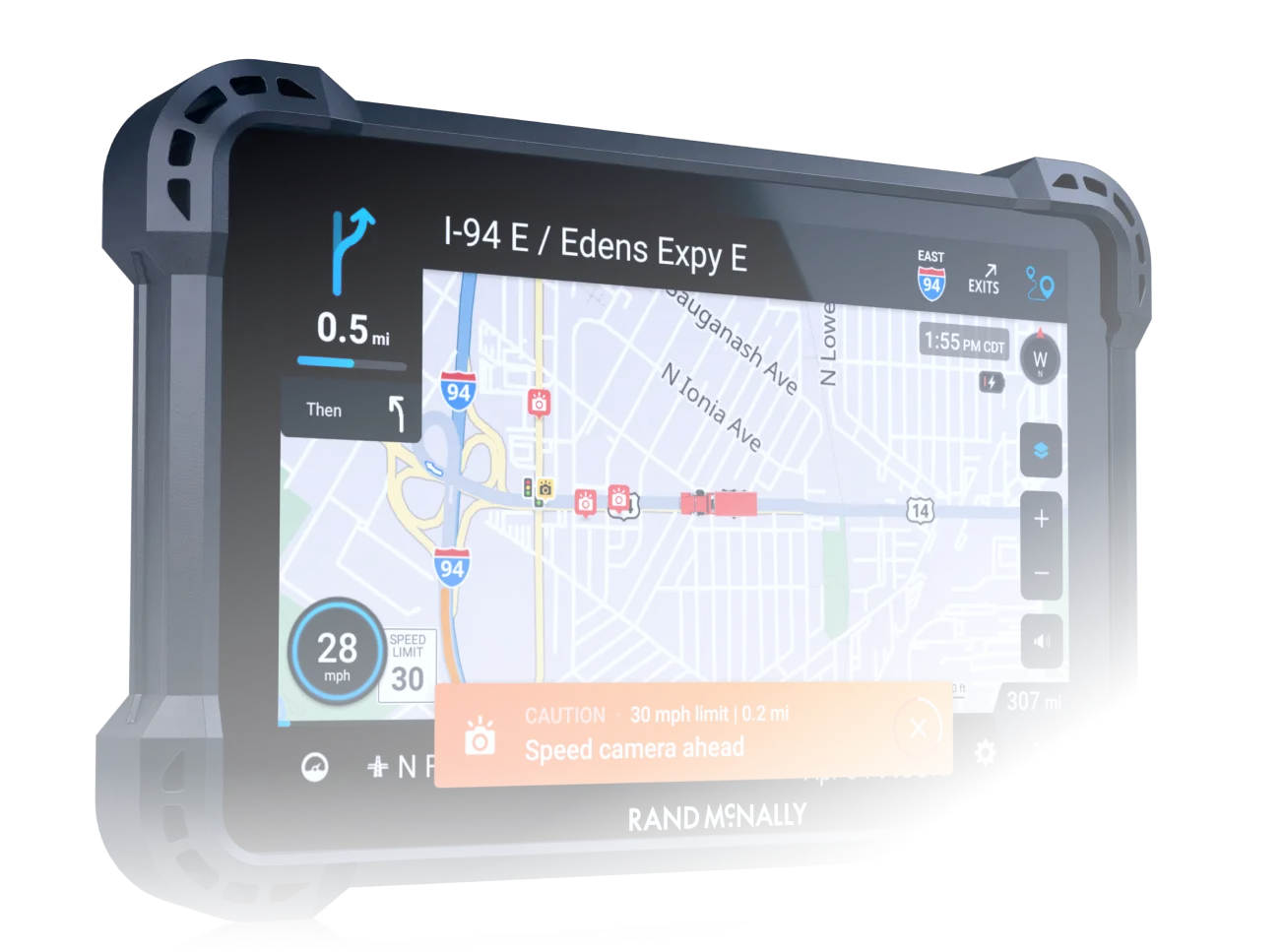 Rand McNally GPS device displaying a speed camera alert on the I-94 East Edens Expressway with map navigation
