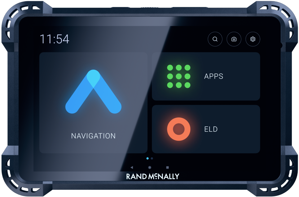 Close-up view of Rand McNally GPS device displaying navigation, apps, and ELD options on the screen