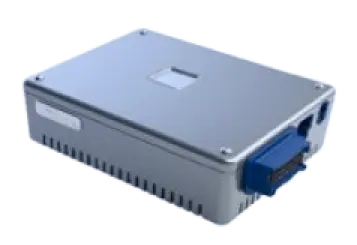safetydirect device for collecting data from onboard safety systems, featuring a compact rectangular design with a blue connector and a metallic finish