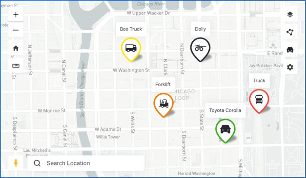 Interactive map showing locations of vehicles including box truck, dolly, forklift, Toyota Corolla, and truck in the Chicago Loop area with a search bar at the bottom