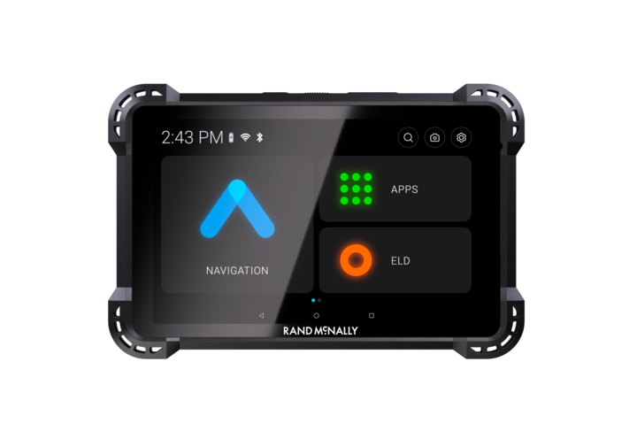 Rand McNally navigation device displaying the main interface with options for navigation, apps, and ELD, alongside the current time and status indicators.
