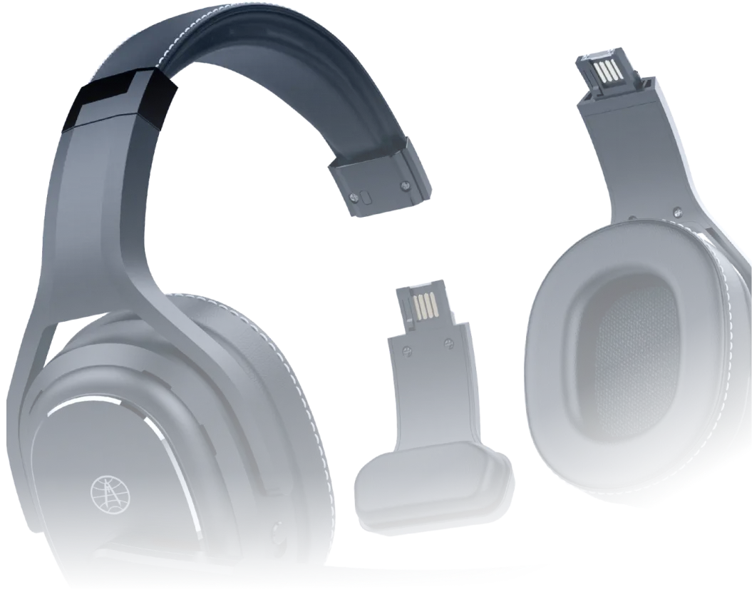 Close-up of Rand McNally ClearDryve 220 Bluetooth noise-cancelling convertible headphones with detachable components, highlighting ear cup and microphone attachment points.