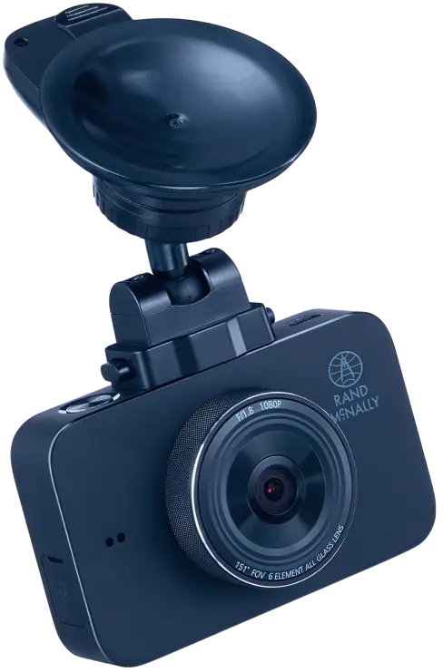 Rand McNally dash cam featuring a suction mount and 151° wide-angle lens, designed for 1080p HD recording and secure dashboard placement.