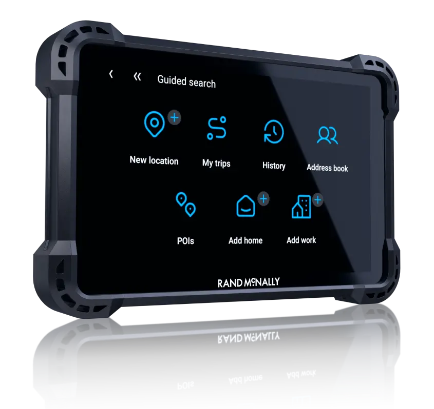 Rand McNally GPS tablet featuring the guided search interface with options like new location, history, and address book displayed on a sleek black screen.