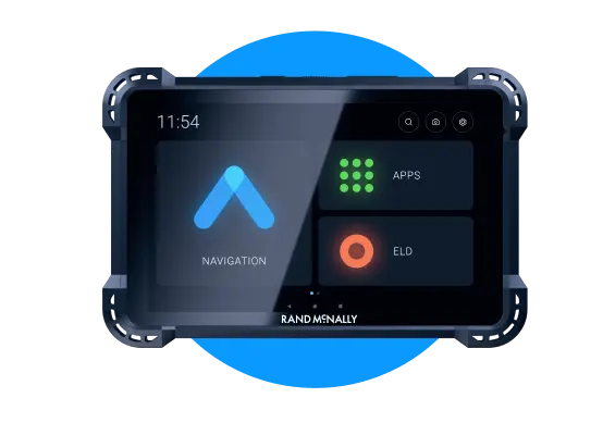 Rand McNally navigation display featuring apps, ELD, and guided navigation on a touchscreen interface with a blue background.