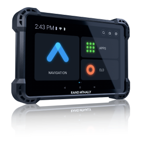 Rand McNally tablet displaying a navigation interface with apps, ELD, and other menu options on a sleek, rugged design.