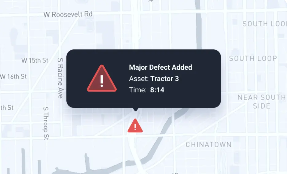 Map display showing a major defect alert for asset Tractor 3 with time 8:14, highlighted by a warning symbol.