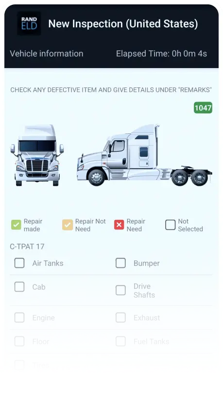 Rand ELD vehicle defect inspection checklist screen with options to mark repair status for items like air tanks, bumper, cab, and drive shafts.
