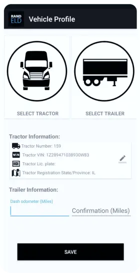 Rand ELD vehicle profile screen for selecting tractor and trailer with fields for tractor number, VIN, license plate, and odometer confirmation.