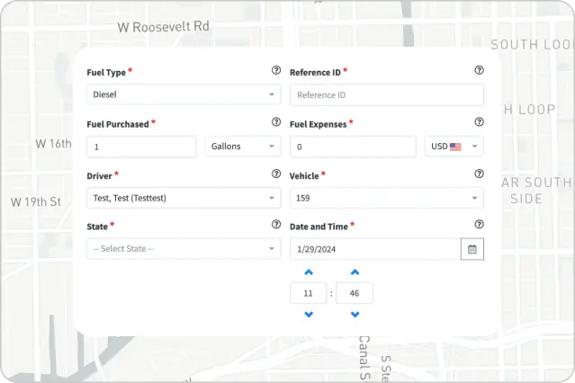 Fuel entry form interface showing fields for fuel type, amount purchased, driver, vehicle, and date and time details.