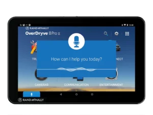 Rand McNally OverDryve 8 Pro II truck GPS tablet with voice assistant prompt displaying 