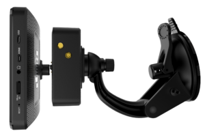 Side view of the Rand McNally OverDryve 8 Pro II truck GPS tablet with mount and connectivity ports.