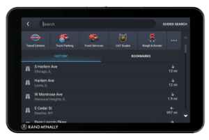 Rand McNally OverDryve 8 Pro II truck GPS tablet with travel centers, truck parking, and service options.