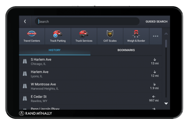 Rand McNally OverDryve 8 Pro II truck GPS tablet with travel centers, truck parking, and service options.