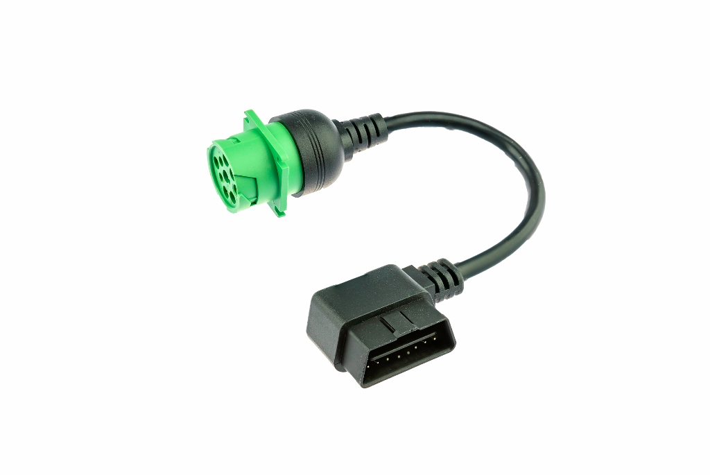 Close-up of a vehicle link cable featuring a right-angle OBDII 16-pin to 9-pin connection for reliable data transfer in automotive diagnostics.