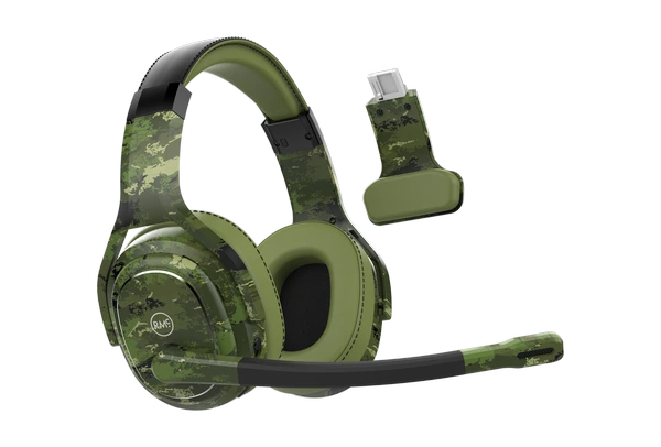 Rand McNally ClearDryve 220 Convertible Bluetooth Wireless Headphones - Certified Refurbished in Woodlands camo, shown with detachable earpiece and flexible boom mic for versatile use.