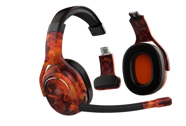 Rand McNally ClearDryve 220 Certified Refurbished Fire Wireless Bluetooth Headphones with fiery orange design and detachable components