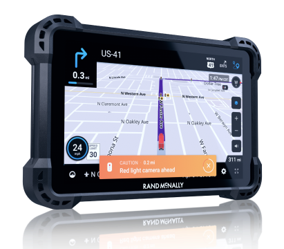 GPS navigation device displaying route guidance on US-41, with a red light camera warning alert for improved driver safety and situational awareness.