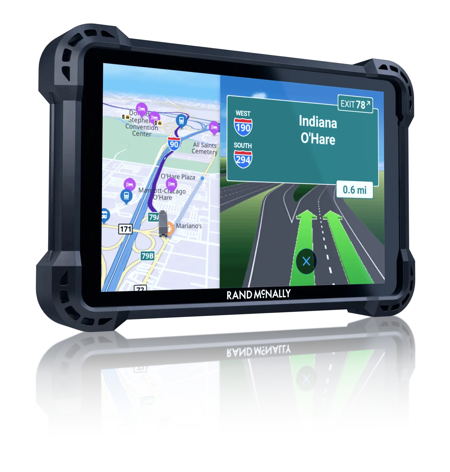 A Rand McNally GPS navigation system displaying a split-screen view with a detailed map on the left and step-by-step lane guidance for Indiana O'Hare exit on the right, housed in a rugged black frame.