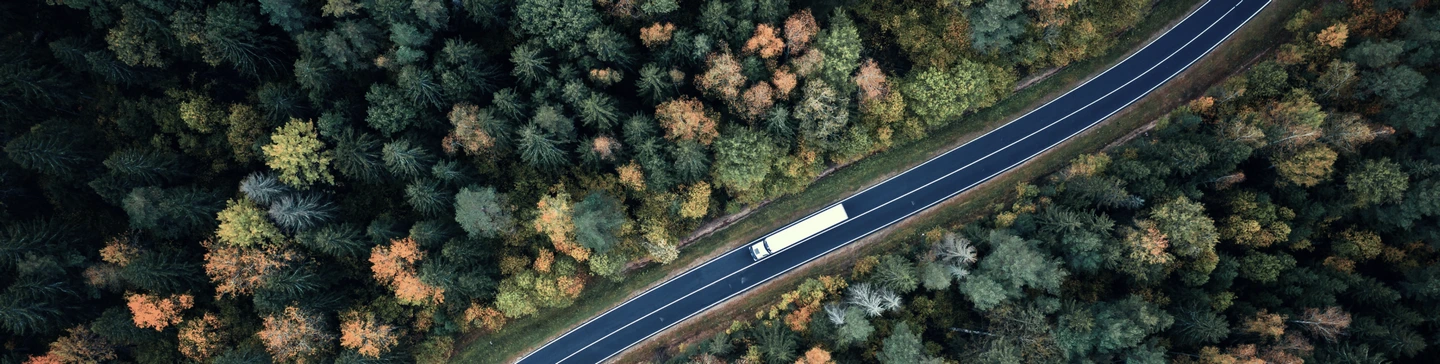 truck driving along a forest road overhead projectin
